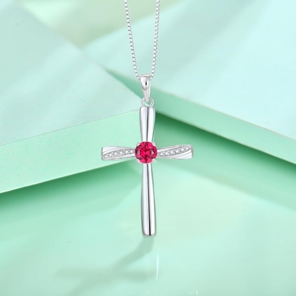 925 Sterling Silver Ruby Cross Necklace - Picture 4 of 5